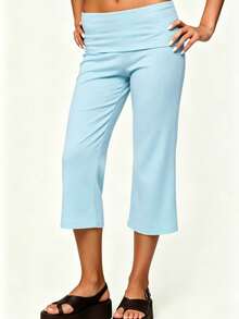 Womens Low Rise Capri Pants Fold Over Waistband Solid Color Slim Fit Cropped Pants Trousers - 天藍色 - 查看 4