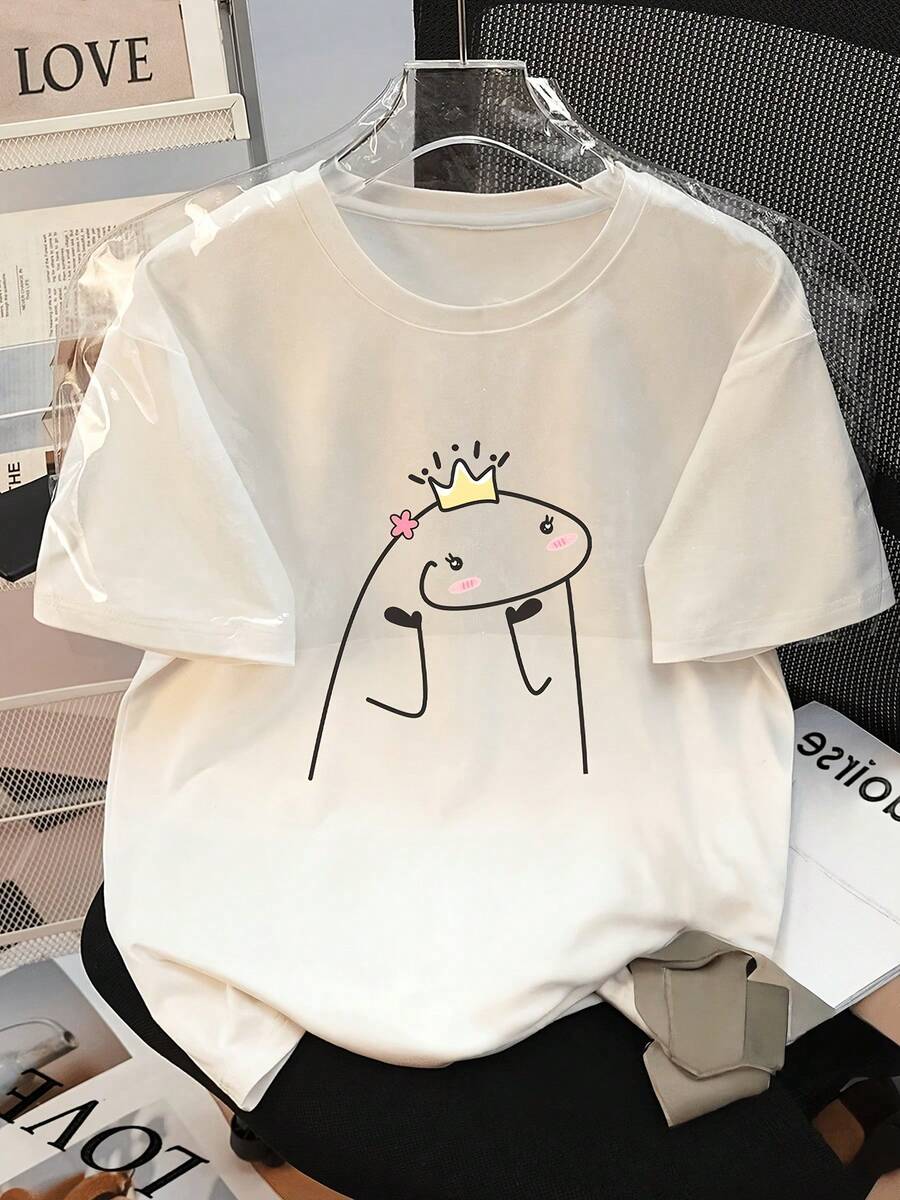 Camiseta de Mujer con Estampado de Corona de Princesa y , Top con Estampado Floral y de Figuras, Cuello Redondo Casual de Manga Corta, Versátil Capa Base Blanca - Blanco - Ver 1