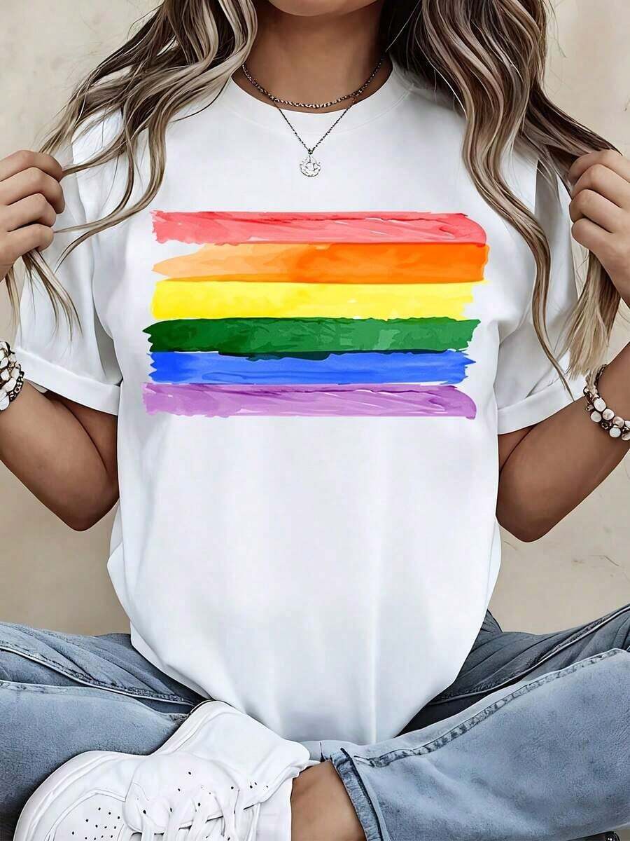 Camiseta con Estampado de Arcoíris, Estilo Casual Deportivo para Uso Diario - Estilo Urbano Vintage, Unisex, Holgada, de Algodón, Manga Corta, Cuello Redondo, 100% Algodón - Blanco - Ver 1
