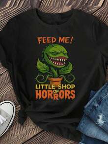 Camiseta única con diseño de planta carnívora inspirado en Y2K perfecta para los amantes del cine de horror y la cultura pop, ¡destaca con estilo en cualquier ocasión! Ideal para quienes buscan un toque divertido y original en su guardarropa. - Negro - Ver 1