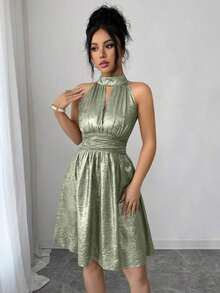 Raffinéa Vestido corto elegante y delicado de mujer con escote halter y cintura calada en forma de A, adecuado para salidas y citas, primavera/verano - Blanco - Ver 3