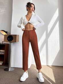 PETITE Pantalones De Mujer De Primavera De Cintura Alta Con Pliegue Prensado Cónico - Óxido marrón - Ver 5