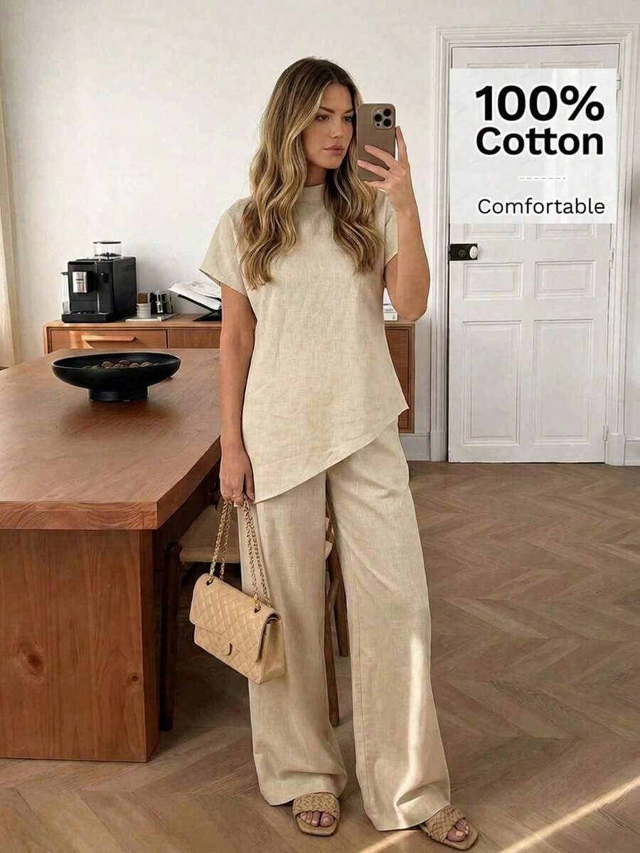 Conjunto de 2 piezas de top a rayas y pantalones con bajo asimétrico para mujer - Albaricoque - Ver 1