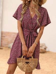 Vestido con estampado dálmata, mangas de mariposa, volantes, dobladillo envolvente y cinturón para vacaciones y playa para mujeres - Albaricoque - Ver 10