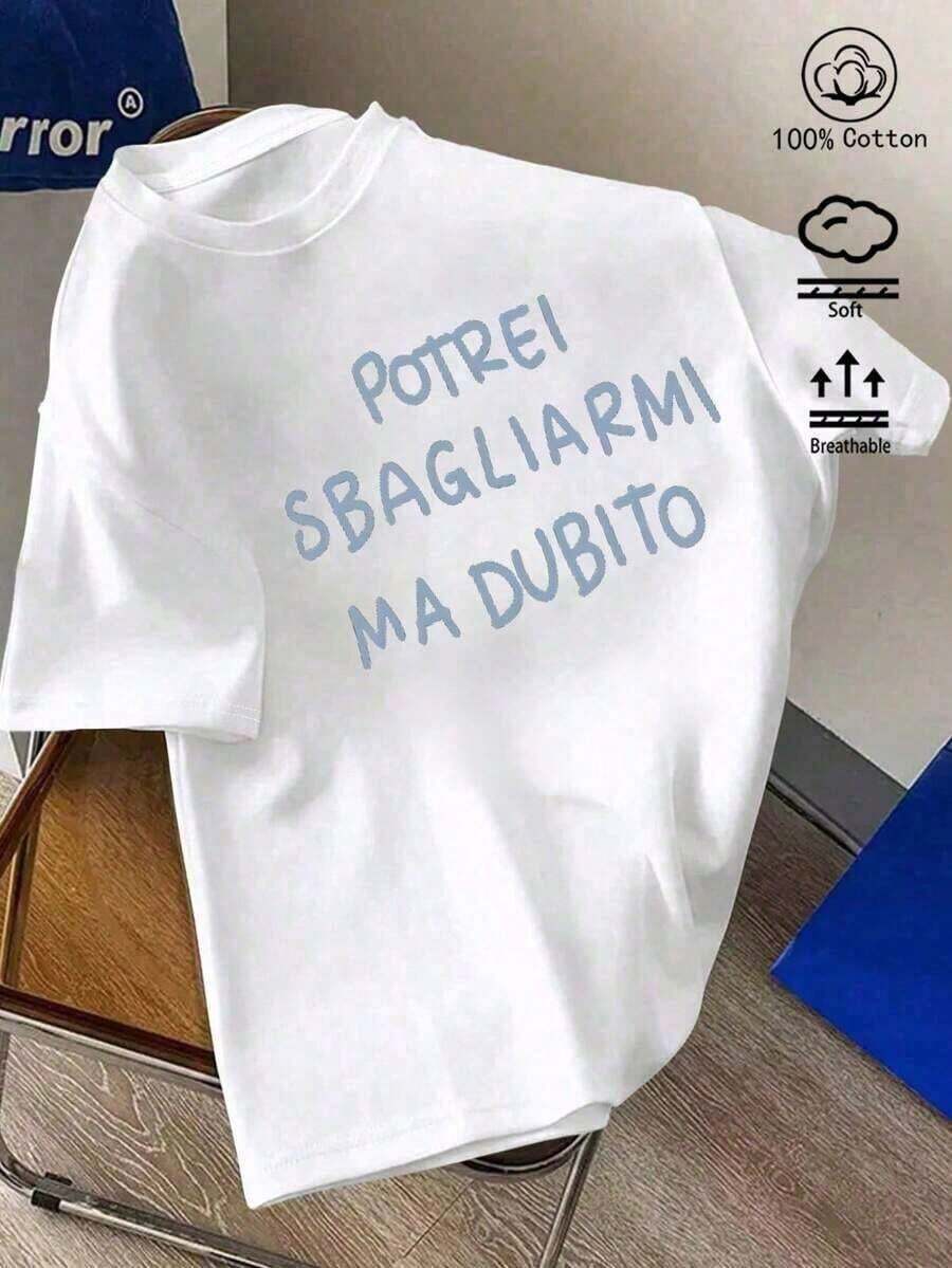 1 Piece Women's Short Sleeve T-Shirt, 100% Cotton, With Fun Italian Slogan, Suitable For Spring/Summer And All Year Round, Women's Sportswear, Soft And Breathable White T-Shirt, For Holidays, 180g, 100% Cotton, Festival Clothing, Women's T-Shirts - 白色 - 查看 1