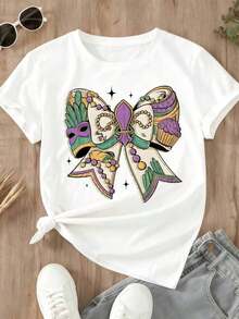 Camiseta de Cuello Redondo para Mujer con Diseño de Lazo para Fiesta de Mardi Gras, Estampado de Máscara, Cupcake y Cuentas, Ropa Casual Diaria para Festivales y Celebraciones - Blanco - Ver 2