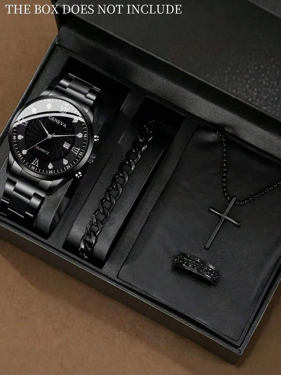 4pcs Men's Cool Watch Accessory Set, Includes Large Dial Men's Quartz Watch, Cuban Chain Bracelet, Pendant Necklace And Patterned Ring - Black - View 1