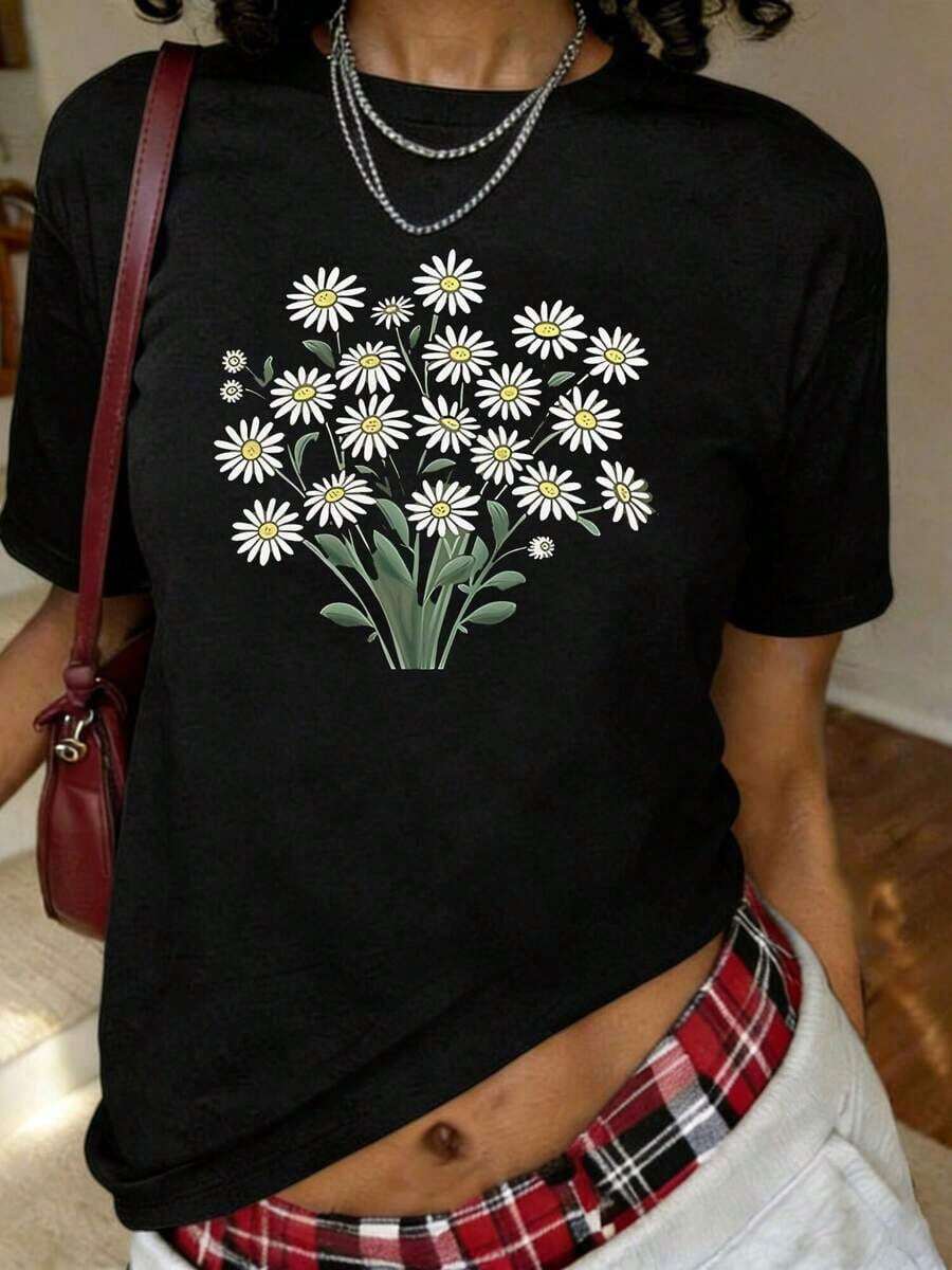 1 pieza de camiseta con estampado de margaritas, manga corta, cuello redondo, top casual para verano y primavera, ropa de mujer, 180g, 100% algodón. - Negro - Ver 1
