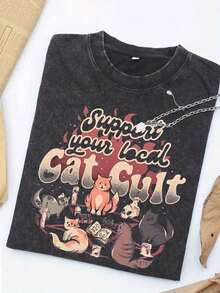Ropa Y2K para mujeres y hombres, camiseta vintage de 230g de alta resistencia con tema de gatos - Estilo retro negro, impresa con el eslogan Apoya a tu maestro local de gatos y un patrón de gato atigrado, exclusiva para amantes de los gatos, cuello redondo, mangas cortas, transpirable, adecuada para uso casual en todas las estaciones. Blusas sueltas y cómodas de verano para mujeres, blusas vintage - Negro - Ver 7