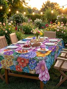 1/2pcs Tablecloth, Colorful Floral Pattern Tablecloth, Made Of Polyester Fiber, Suitable For Kitchen, Dining Room, Coffee Table, Dining Table, Picnic, Camping, Countryside Decor, Square Or Round Shape, Ideal For Table Protection And Holiday Decoration - Multicolor - View 6