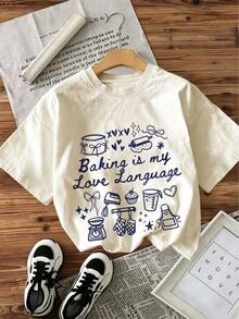 1 pieza de camiseta casual de verano para mujer, estilo pintado a mano, con estampado de corazón y la frase "Baking Is My Love", cuello redondo, manga corta, 180g, 100% algodón. - Blanco - Ver 1