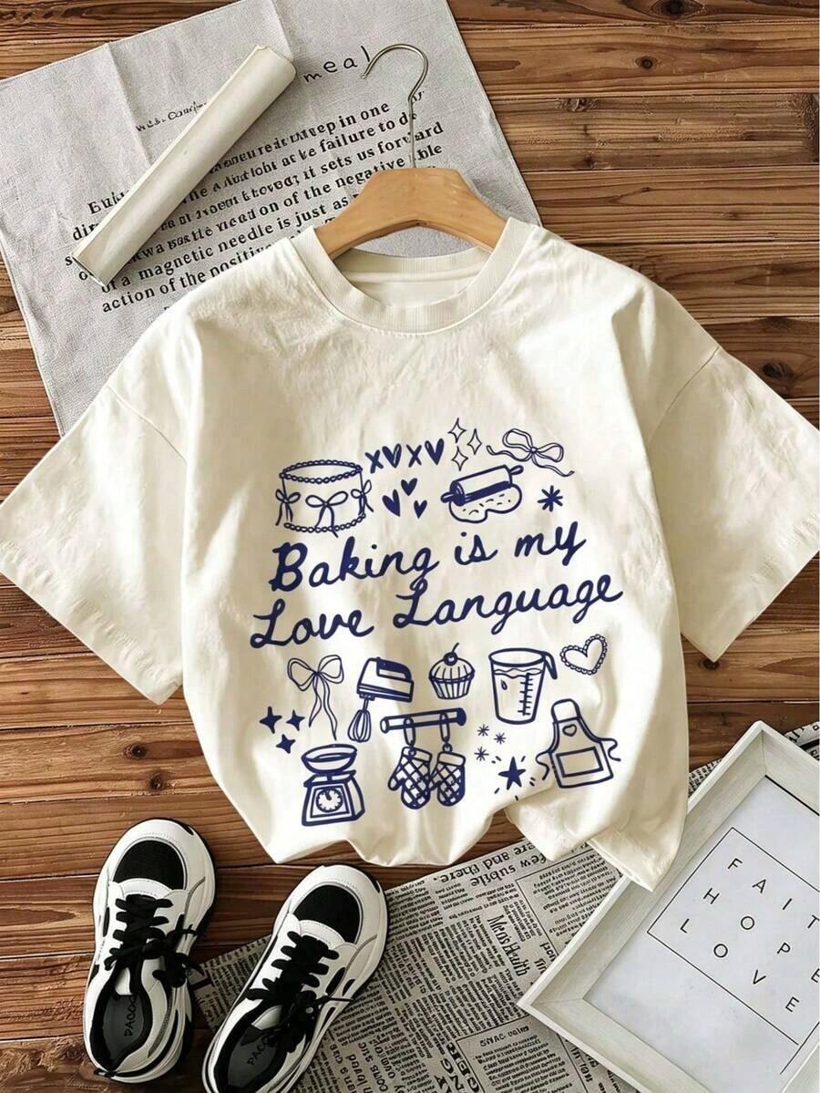 1 pieza de camiseta casual de verano para mujer, estilo pintado a mano, con estampado de corazón y la frase "Baking Is My Love", cuello redondo, manga corta, 180g, 100% algodón. - Blanco - Ver 1