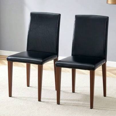 [Set Of 2 Minimalist Dining Chairs] European Lightweight Luxury In Black Walnut Finish: Black PU Leather + Deep Walnut-Effect Metal Legs. Fits Perfectly In Modern Dining Rooms.