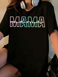 Women's Colorful Graphic "Mama" T-Shirt, Casual Loose Fit, Black T-Shirt With Headphone Design, Perfect For Maternity And Everyday Wear [Suitable For Leisure And Sports Activities] Loose Fit T-Shirt For Women - 黑色 - 查看 1