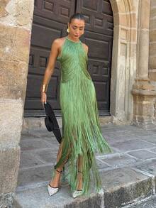 Elegant Long Dress With A Halter Neck And Fringe For Parties - Green - View 6