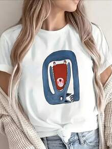 1 camiseta de manga corta negra para mujer, con estampado de cara sonriente y diseño de boca de dibujos animados - top ligero con cuello redondo elástico, adecuado para uso casual en todas las estaciones, lavable a máquina, ideal para el hogar, cafetería u oficina (divertido patrón de cara sonriente) 180g Algodón 100% - Blanco - Ver 1