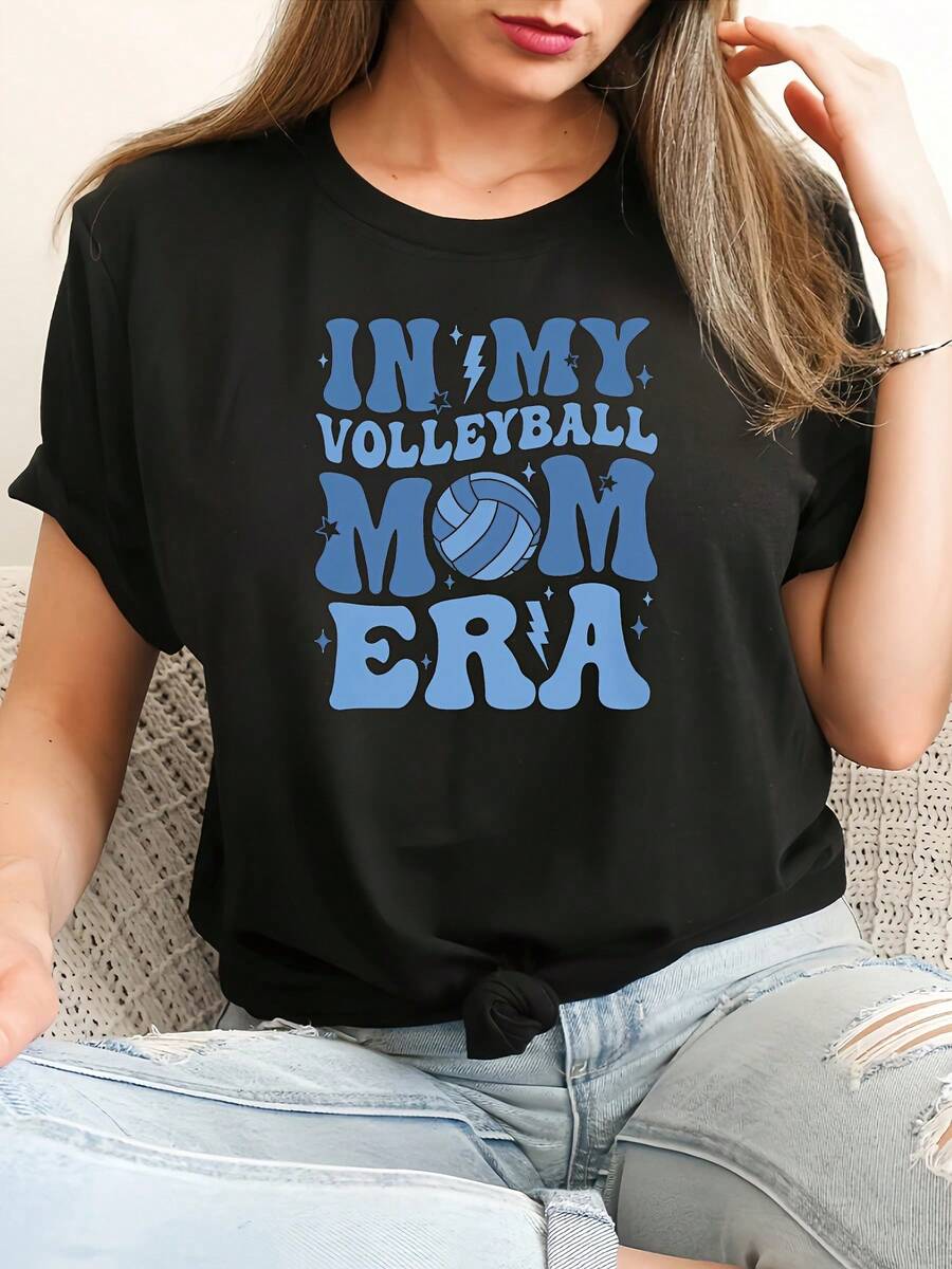 Camiseta casual de primavera/verano con estampado de letras, camiseta deportiva de manga corta con cuello redondo, top para mujer. - Negro - Ver 1