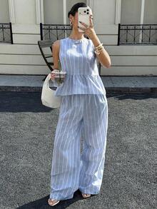 Conjunto de 2 piezas de top sin mangas con volantes en el bajo y pantalones, estilo casual de verano con rayas para mujer - Multicolor - Ver 4