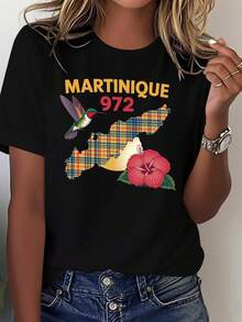 Camiseta cómoda de algodón puro para mujer, diseño de colibrí a cuadros Madras de Martinique, blusas para mujer - Negro - Ver 7
