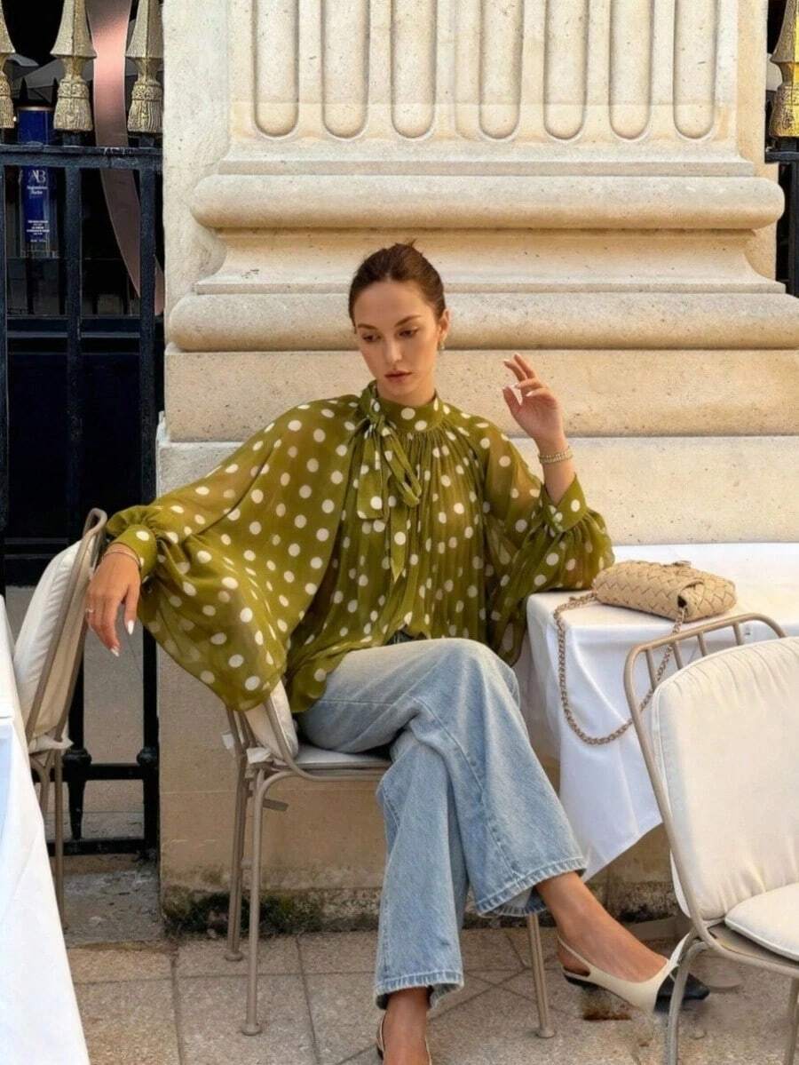Fashionable Women's Shirt – Elegant And Casual – Sky Blue Polka Dot Print – Bow Tie, Lantern Sleeves, Loose Fit, Pleated And Semi-Sheer – Perfect For Summer - 綠色 - 查看 1