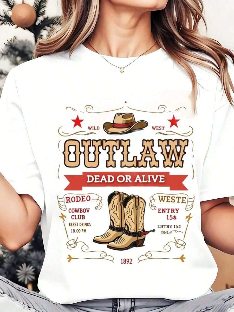 Camiseta de Cuello Redondo para Mujer, Estampado de Vaquero del Oeste, Botas, Sombrero, Rodeo, Club, Estilo Salvaje, Ropa Casual para Festivales y Fiestas, 220g, Playera Holgada para Mujer - Blanco - Ver 1