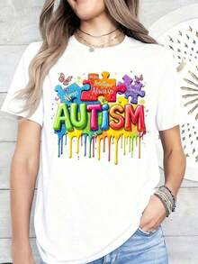 Novedad de Moda Verano Unisex Camiseta Gráfica Pieza de Rompecabezas Concientización sobre el Autismo, Cuello Redondo, Manga Corta, Estampado Colorido, Para Defensa de Derechos, Apoyo y Atuendos Casuales, Camiseta Casual de Mujer - Estilo Urbano Vintage Unisex, Camiseta Holgada de Algodón de Manga Corta con Cuello Redondo - Blanco - Ver 2