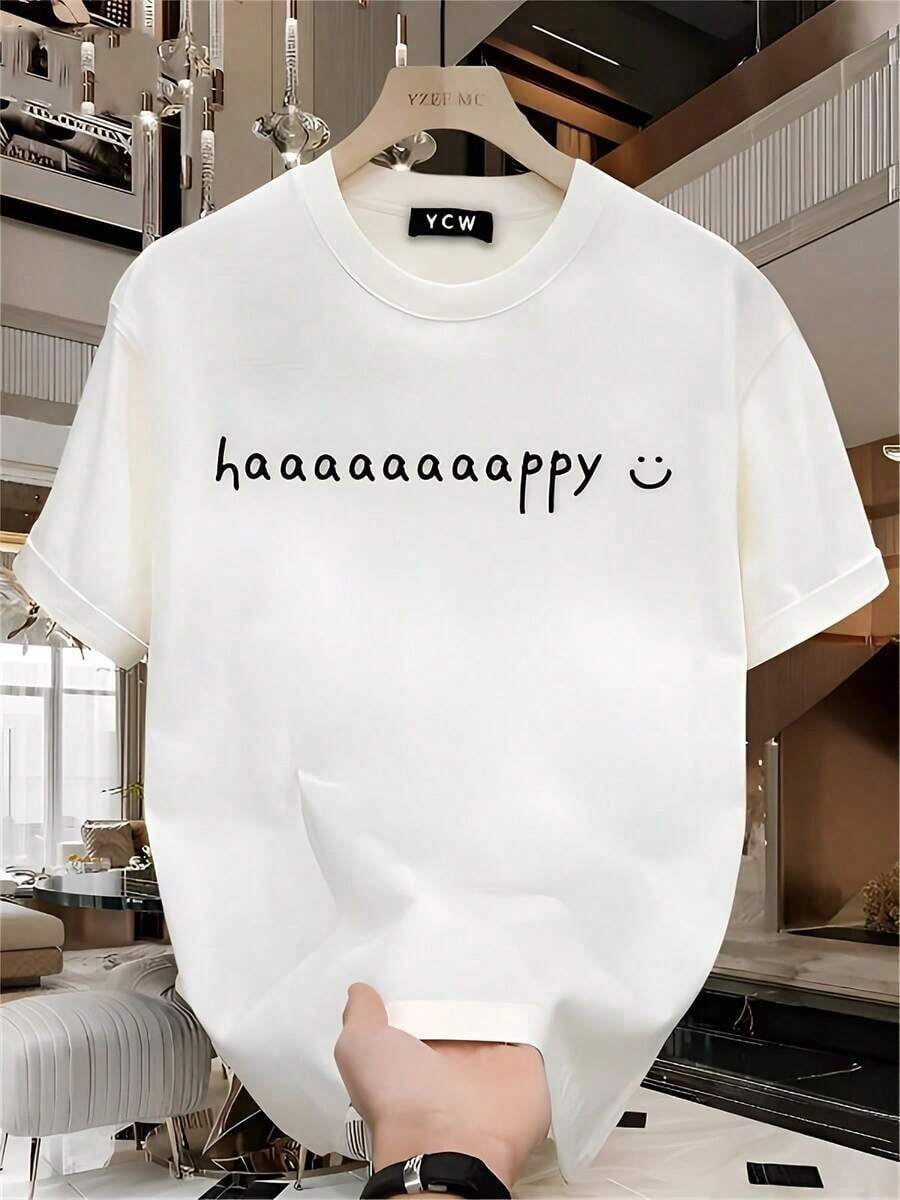 1 camiseta de manga corta de algodón grueso para hombre con estampado gráfico Appy, camiseta de verano (2) 180g 100% algodón, los diseños están impresos. Unisexo. - Blanco - Ver 1