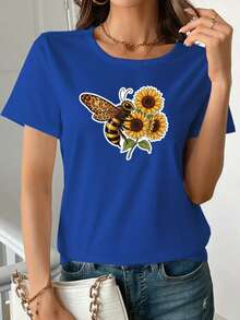 Suave, transpirable y ligera para comodidad durante todo el día. Camiseta casual para mujer con diseño de abeja y girasol, lavable a máquina, adecuada para cualquier temporada, fácil de usar a diario, ropa a la moda, ajustada y cómoda, material transpirable, top moderno para mujer. Cuello redondo clásico con un corte relajado que favorece todas las formas del cuerpo y fácil de combinar con jeans, shorts y leggings. - Blanco - Ver 11