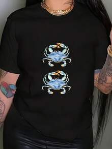 Camiseta de mujer con estampado de cangrejo, top casual de manga corta y cuello redondo, ropa de mujer para primavera y verano. - Negro - Ver 12