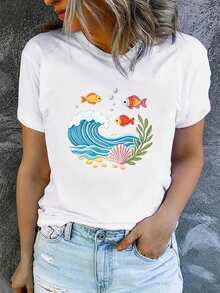 Nueva camiseta de manga corta para mujer con estampado geométrico, diseño simple y elegante, top casual moderno y hermoso, adecuado para todas las estaciones, lavable a máquina. Camiseta de manga corta cómoda y versátil. - Blanco - Ver 1