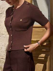 Blusa de manga corta elegante de punto, cárdigan de punto con cuello redondo elegante, conjunto de vestir para oficina de mujer, blusa de manga corta minimalista, estilo retro, ropa casual exterior de mujer en color rosa - Óxido marrón - Ver 3