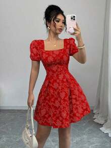 Vestido de mujer de manga abullonada y cuello cuadrado, de moda para el verano - Rosa - Ver 3
