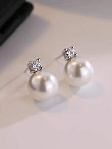 Bông tai thủ công chất lượng cao, bông tai ngọc trai hình cúc áo, bông tai bạc 925 mạ vàng, đá Cubic Zirconia, bông tai ngọc trai không gây dị ứng, quà tặng cô dâu, quà sinh nhật cho nữ. - Bạc - Xem 3
