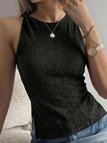 Camiseta de tirantes casual de mujer con cuello redondo y bajo con abertura lateral de unicolor - Negro - Ver 3