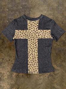 Camiseta corta de mujer con estampado de letras y ribete de contraste - Multicolor 2 - Ver 3