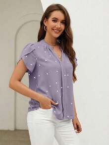 Blusa de mujer con estampado de corazón y mangas de pétalos, cuello en V, para verano y playa, con mangas cortas - Púrpura polvoriento - Ver 3