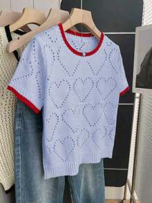 Blusa de punto holgada de cuello redondo y manga corta con diseño de corazón hueco y ribete de contraste en beige para mujer, suéter de manga corta para primavera/verano, últimas blusas de mujer, nuevas llegadas de blusas de punto para mujer - Púrpura malva - Ver 3