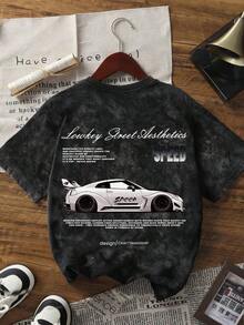 Camiseta de manga corta con cuello redondo, estampado de coche de carreras blanco y teñido anudado, de estilo simple y veraniego, de moda y versátil, en color negro - Estilo - Ver 3
