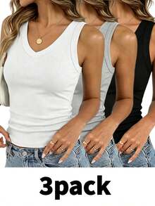 3pcs/Set Women's V-Neck Sleeveless Ribbed Racerback Crop Tops, Summer Casual Sportswear - Multicolor - View 1