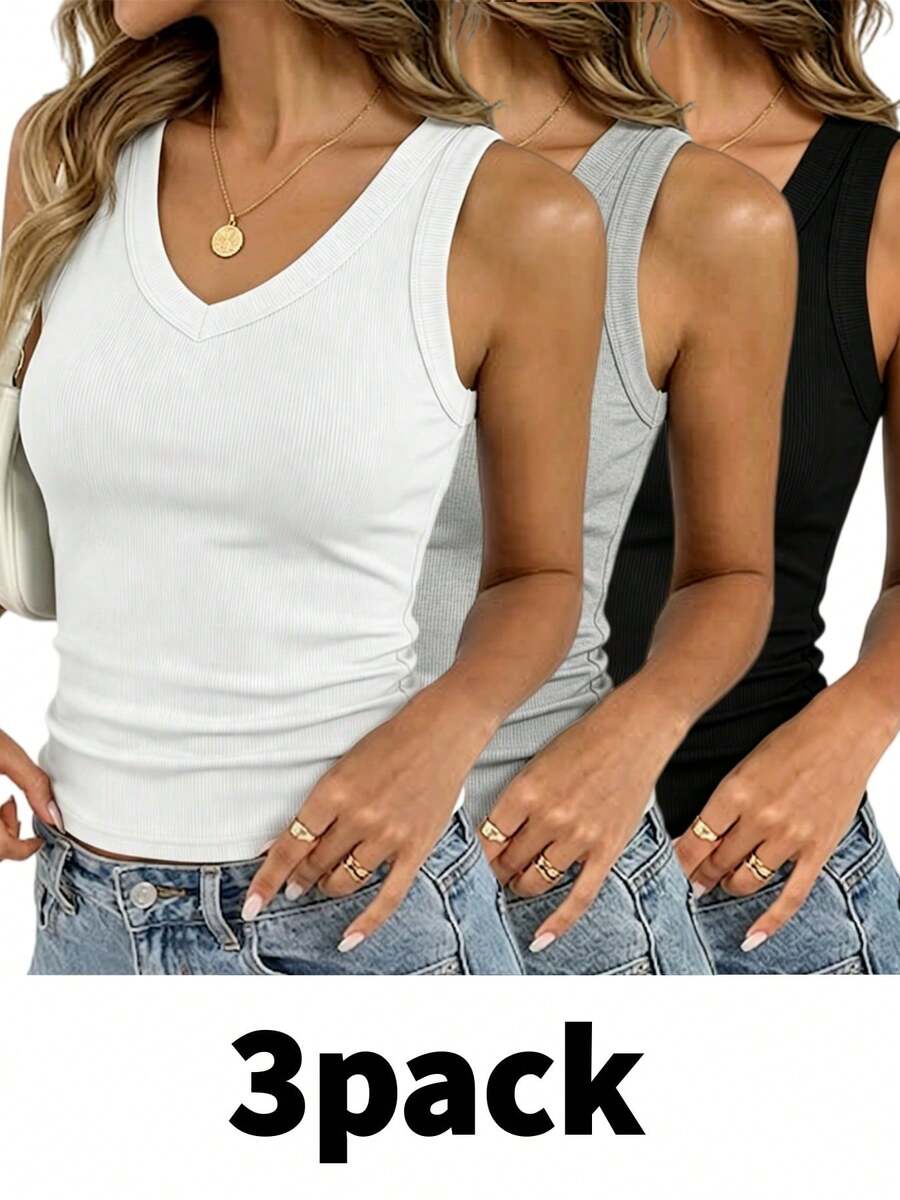 3pcs/Set Women's V-Neck Sleeveless Ribbed Racerback Crop Tops, Summer Casual Sportswear - Multicolor - View 1