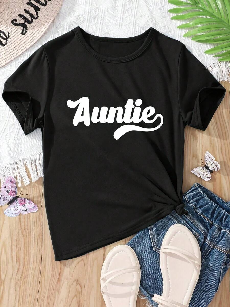 Camiseta de verano de manga corta con estampado de tía y texto "Auntie" - Blusa casual de ajuste holgado y cuello redondo, lavable a máquina, atuendo casual cómodo, regalo para tías - Negro - Ver 1