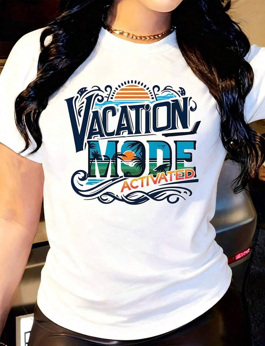 Plus Size Women's T-Shirt, Short Sleeve, Casual Style, Round Neck, Summer Beach Paradise Graphic Design With Tropical Grass And Palm Tree Pattern, Ideal For Activities In Warm Weather. 100% Cotton. - 白色 - 查看 1