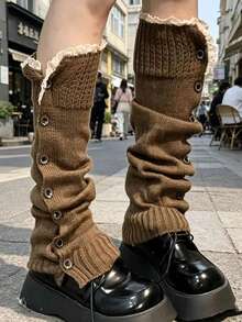 1 Pair Women's Brown Knit Leg Warmers, Lace Trim & Button Detail Slouchy Boot Cuffs, Fall Winter JK Style Warm Leg Socks - Multicolor - View 2