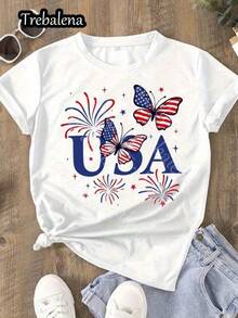 Camiseta de modaTrebalena Round Neck T-Shirt 100% Patriotic American Butterfly T-Shirt Women's 4th Of July Fireworks Pattern T-Shirt Independence Day Casual Summer Top Short Sleeve T-Shirt Fashion Casual Top Summer Spring Women's Clothing Mother's Day/Anniversary/June 19th,Camisetas conmemorativas, productos de anime japonés, conjuntos para padres e hijos, artículos para el Día de San Valentín, camisetas gráficas para hombre, camisetas gráficas para mujer, camisas - Blanco - Ver 1