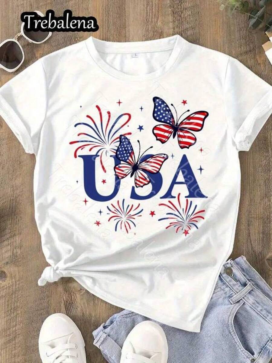 Camiseta de modaTrebalena Round Neck T-Shirt 100% Patriotic American Butterfly T-Shirt Women's 4th Of July Fireworks Pattern T-Shirt Independence Day Casual Summer Top Short Sleeve T-Shirt Fashion Casual Top Summer Spring Women's Clothing Mother's Day/Anniversary/June 19th,Camisetas conmemorativas, productos de anime japonés, conjuntos para padres e hijos, artículos para el Día de San Valentín, camisetas gráficas para hombre, camisetas gráficas para mujer, camisas - Blanco - Ver 1
