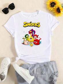 1 pieza de camiseta con estampado de dibujos animados para mujer | Diseño retro de los años 90 inspirado en programas de televisión con personajes de Snork, tela suave de elasticidad media, camiseta casual de cuello redondo para todas las estaciones, ropa coleccionable nostálgica lavable a máquina, estampado vibrante de patrones geométricos con divertidos personajes de Snork, camiseta de manga corta para mujer, adecuada para: eventos deportivos/fiestas festivas/senderismo/ejercicio y otros regalos navideños (). 180g 100% Algodón   Adecuado para primavera, verano y otoño - Blanco - Ver 4