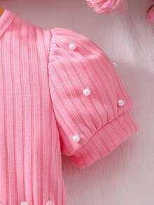 Gaun Anak Perempuan Balita Lengan Pendek Warna Pink dengan Detail Ribbed dan Jala + Gaun Rajut Lengan Mengembang + Tas Mini Berhiaskan Mutiara, Cocok untuk Pesta Ulang Tahun dan Acara Lainnya - Berwarna merah muda - View 5