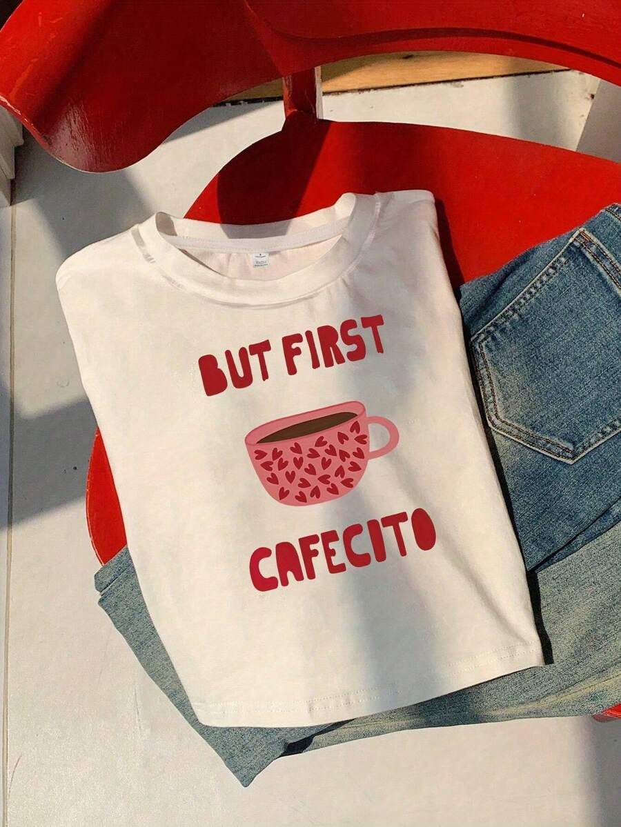 Sudadera Y2K con estampado de café, sudadera casual de manga corta y cuello redondo para primavera y verano, ropa de mujer - Blanco - Ver 1