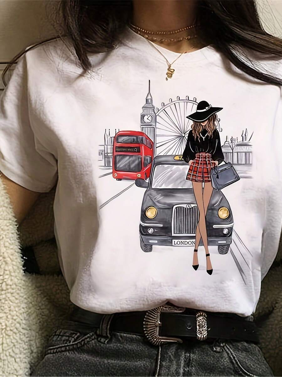 Camiseta Casual de Mujer con Estampado, Cuello Redondo, Manga Corta, Corte Holgado, Tejido Suave, Ideal para Uso Todo el Año - Blanco - Ver 1