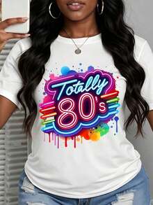 Women's Retro Neon 80s Style T-Shirt, Fashion Casual Top, Vintage Inspired Graphic Tee - Vintage Urban Style, Unisex, Cotton, Short Sleeve, Crew Neck, 100% Cotton - 白色 - 查看 3